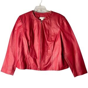 Newport News Red Genuine Leather Zip Front Collarless Jacket 60838 Womens 20W